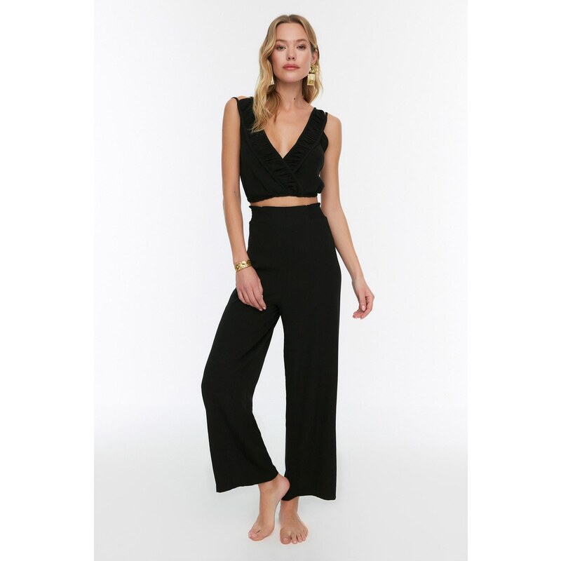 Trendyol Black Woven Frilly Blouse Pants Suit