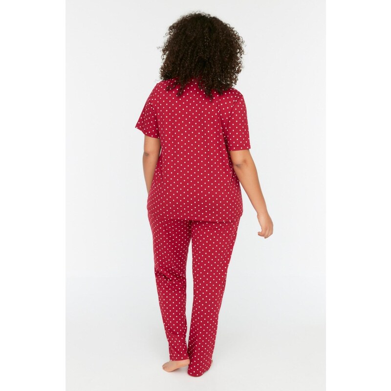 Trendyol Curve Claret Red Printed Knitted Buttons Pajamas Set