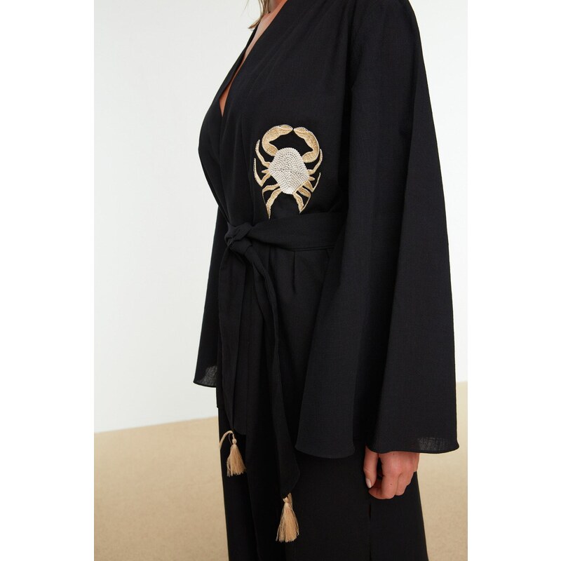 Trendyol Black Belted Midi Woven Embroidered 100% Cotton Kimono & Kaftan