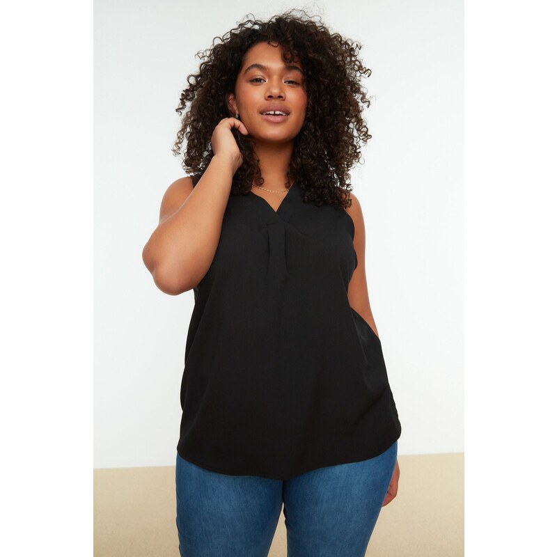 Trendyol Curve Black V-Neck Woven Blouse