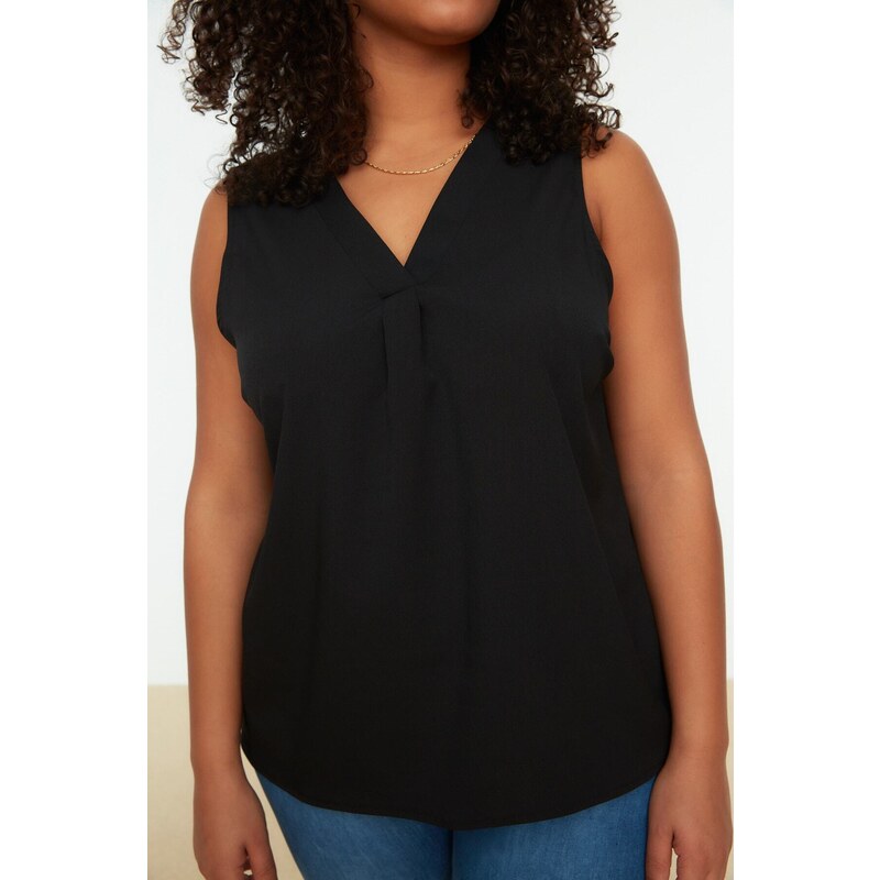 Trendyol Curve Black V-Neck Woven Blouse