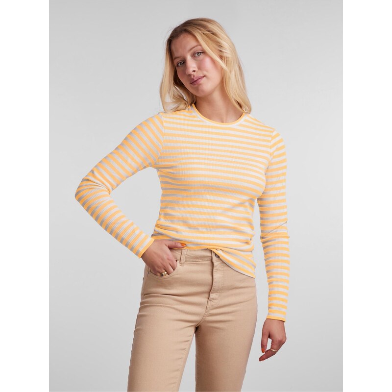 Žluté dámské pruhované basic tričko s dlouhým rukávem Pieces Ruka - Dámské