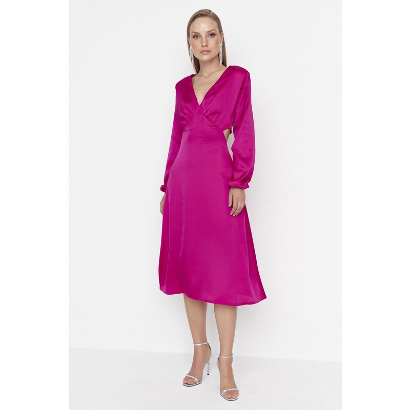 Saténové večerní šaty Trendyol Fuchsia s výstřihem do V