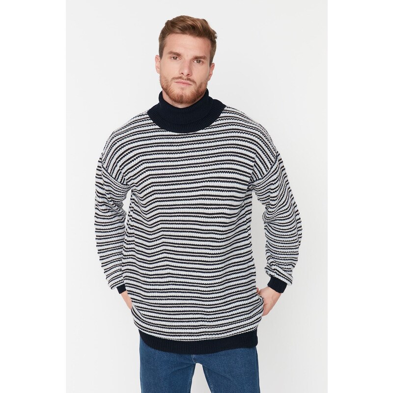 Trendyol Navy Blue Oversize Fit Turtleneck Striped Knitwear Sweater