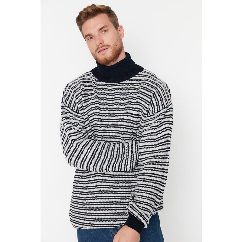 Trendyol Navy Blue Oversize Fit Turtleneck Striped Knitwear Sweater