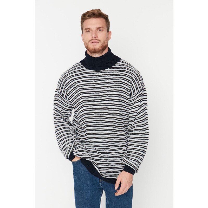 Trendyol Navy Blue Oversize Fit Turtleneck Striped Knitwear Sweater