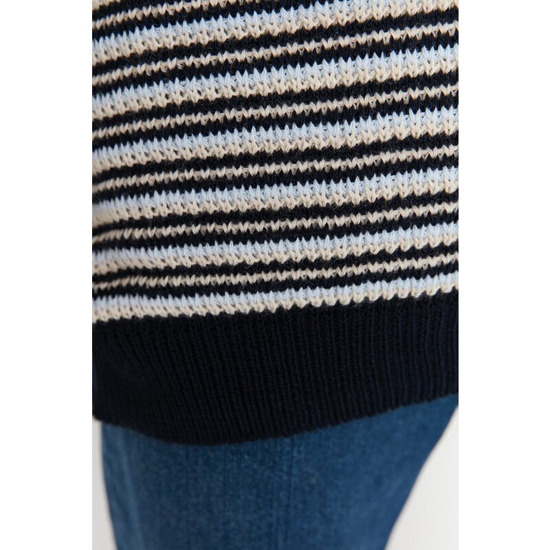 Trendyol Navy Blue Oversize Fit Turtleneck Striped Knitwear Sweater