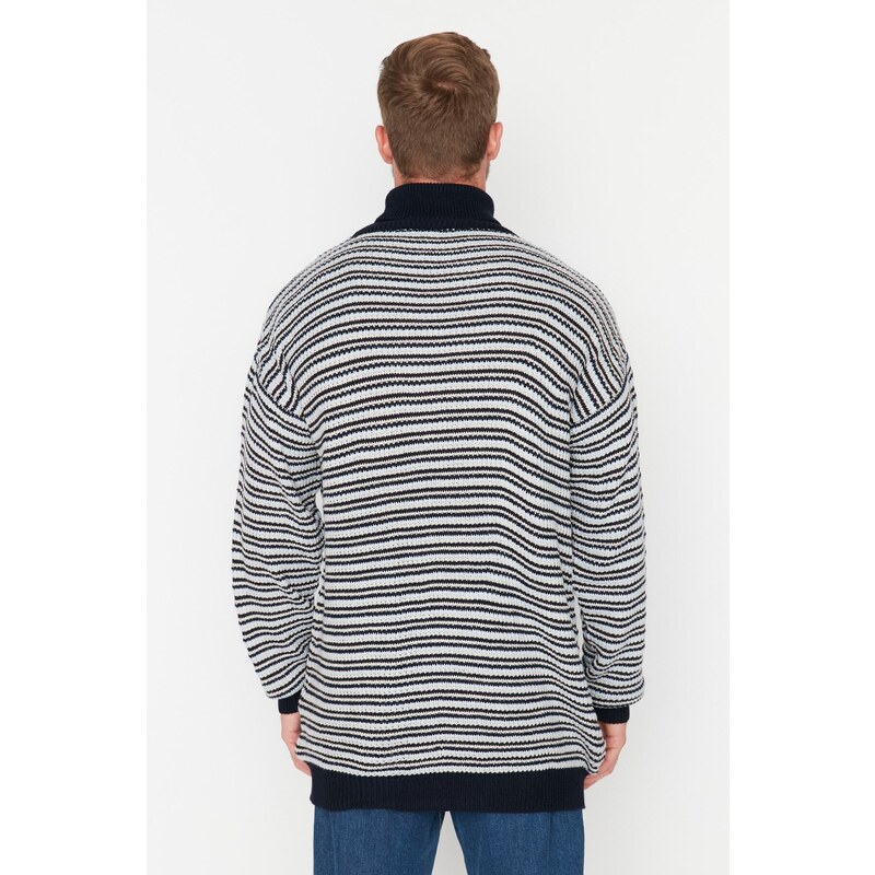 Trendyol Navy Blue Oversize Fit Turtleneck Striped Knitwear Sweater