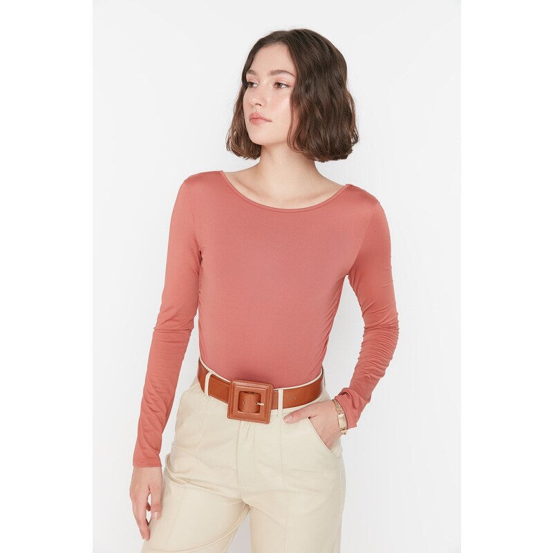 Trendyol Cinnamon Crew Neck Decollete Long Sleeve Elastic Snap Snap Knitted Body