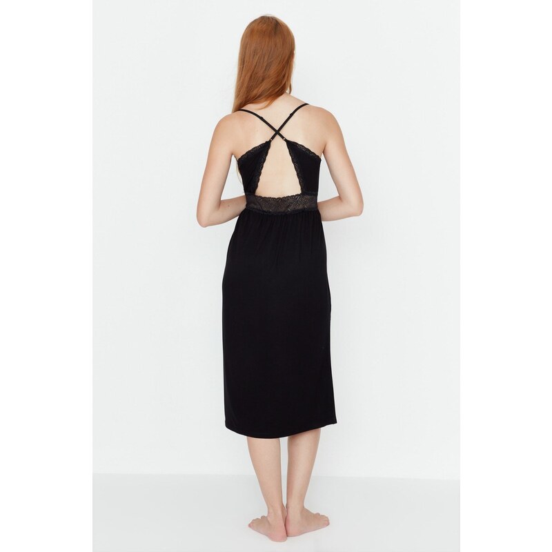 Trendyol Black Lace and Knitted Nightgown with Back Detail and a Slit