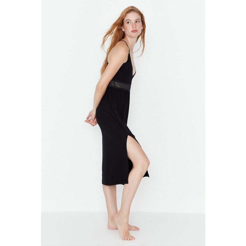 Trendyol Black Lace and Knitted Nightgown with Back Detail and a Slit