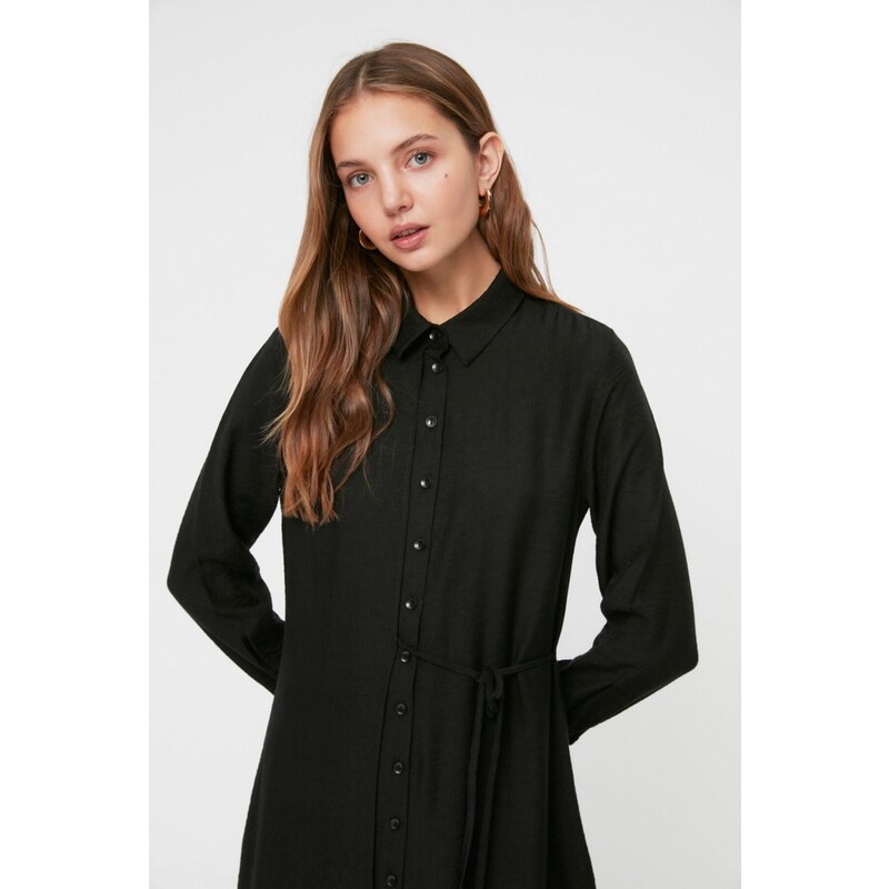 Trendyol Black Side Tie Woven Shirt Linen Look Dress