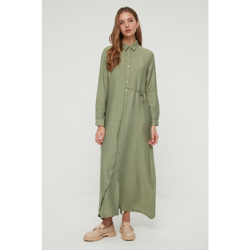 Trendyol Green Side Tie Woven Shirt Linen Look Dress