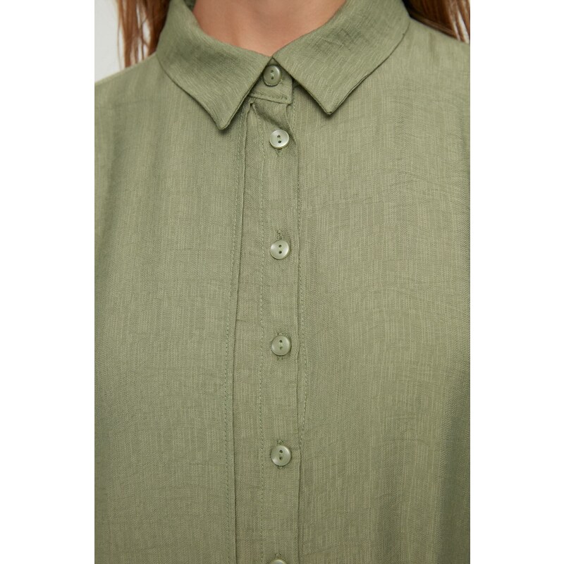 Trendyol Green Side Tie Woven Shirt Linen Look Dress