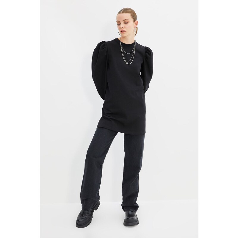 Trendyol Black Sleeve Detailed Knitted Crew Neck Slit Tunic