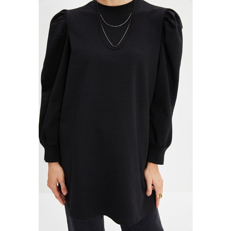 Trendyol Black Sleeve Detailed Knitted Crew Neck Slit Tunic