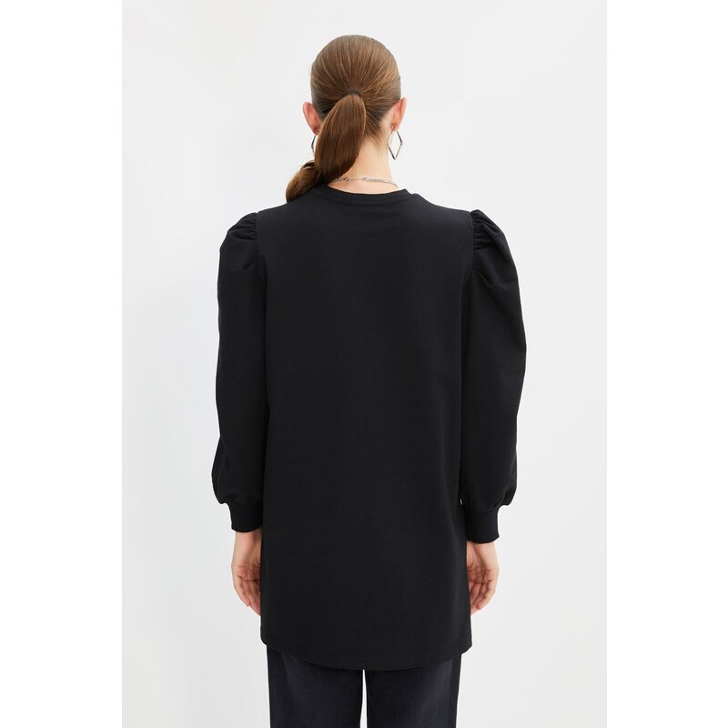 Trendyol Black Sleeve Detailed Knitted Crew Neck Slit Tunic