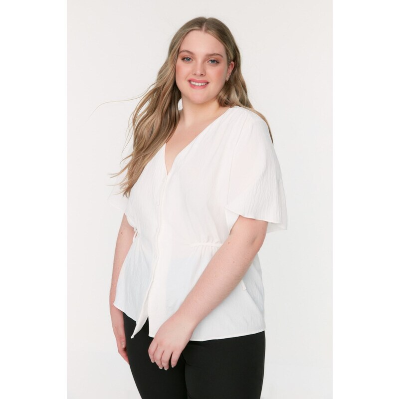 Trendyol Curve Weave Ecru V-Neck Tiered Blouse