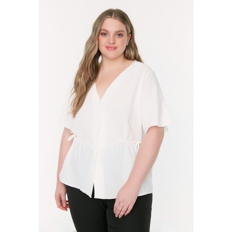 Trendyol Curve Weave Ecru V-Neck Tiered Blouse