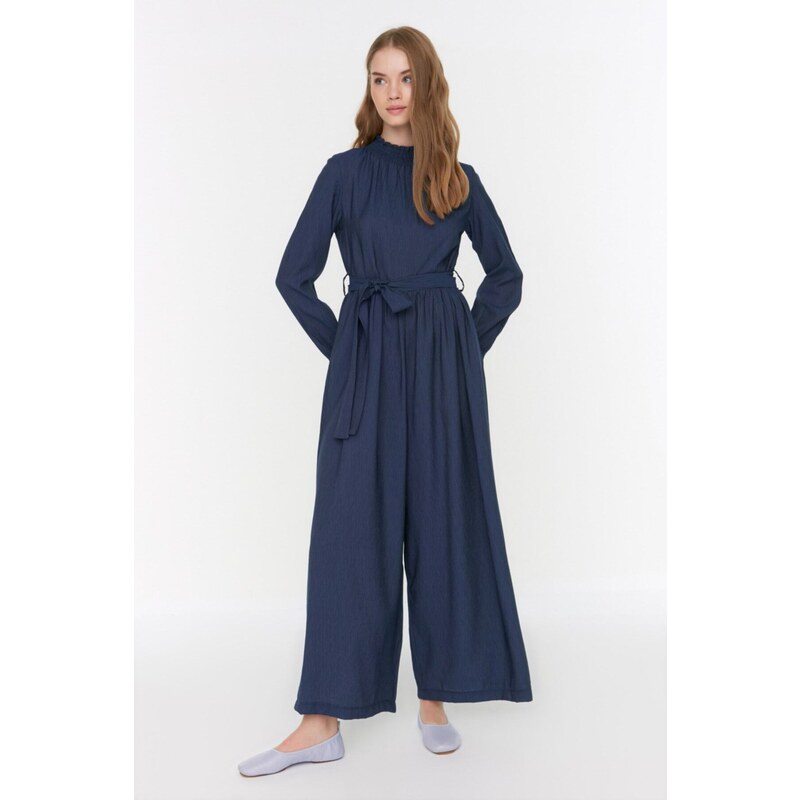 Trendyol Weaving Indigo Belted Jumpsuit with Gipple Collar