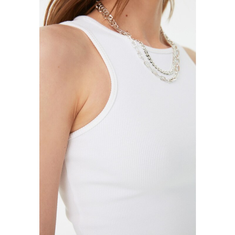 Trendyol White Halterneck Ribbed Flexible Knitted Body with Snap Button