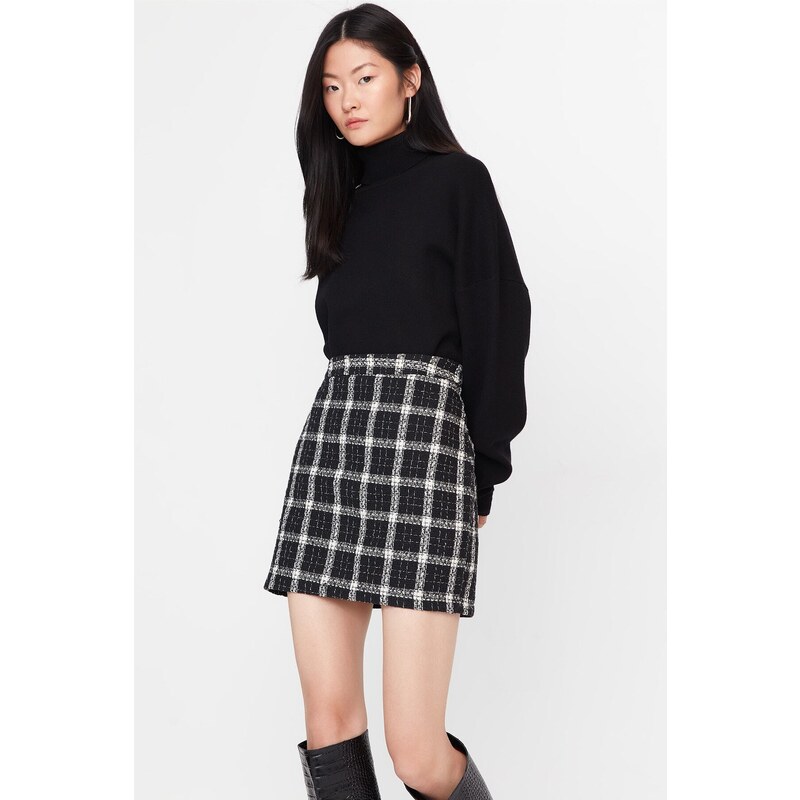 Trendyol Black Checkered Patterned Mini Woven Skirt