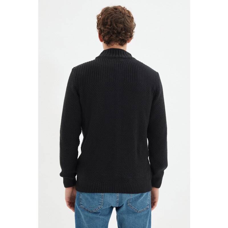 Trendyol Black Slim Fit Half Turtleneck Textured Zipper Wool Blended Knitwear Cardigan