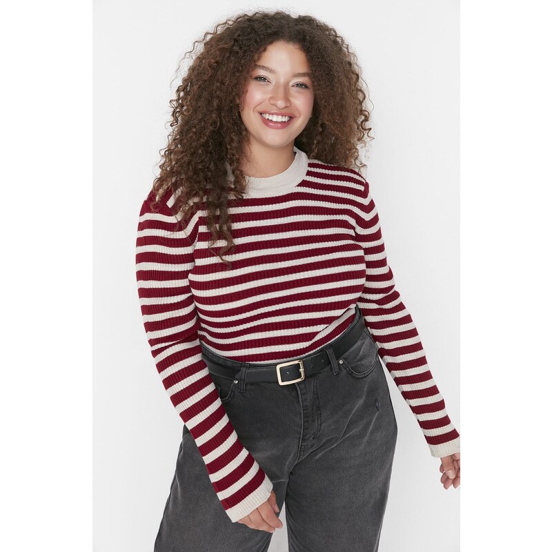 Trendyol Curve Burgundy Striped Crew Neck Pletený svetr