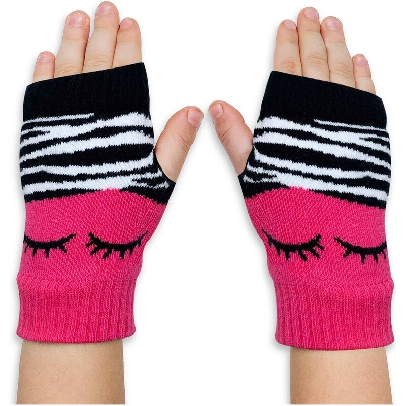 Denokids Zebra Girl's Pink Black Fingerless Gloves