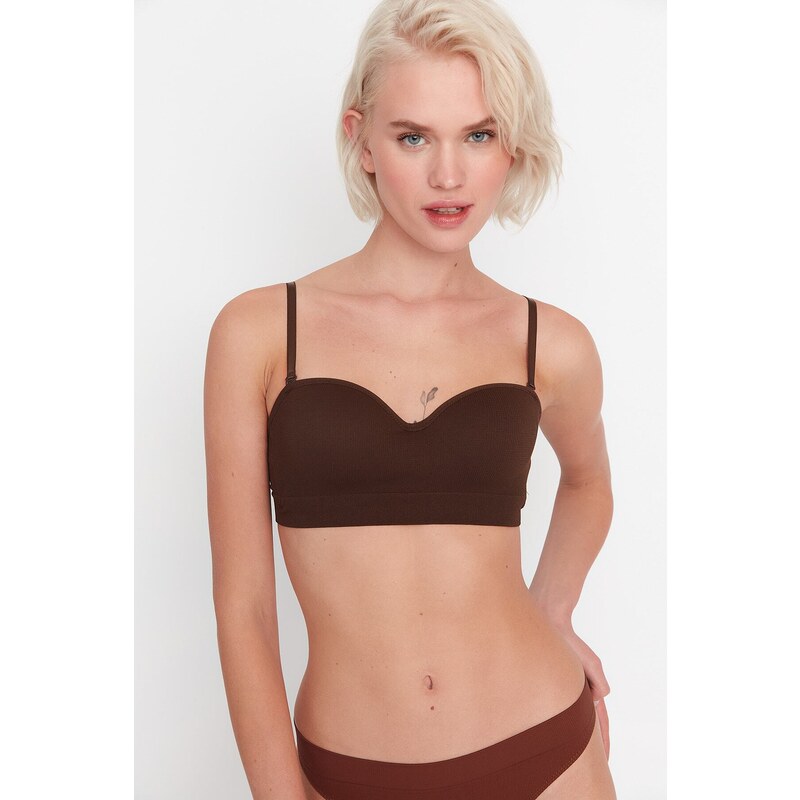 Trendyol Dark Brown Seamless/Seamless Covered Strapless Knitted Bra with Detachable Straps