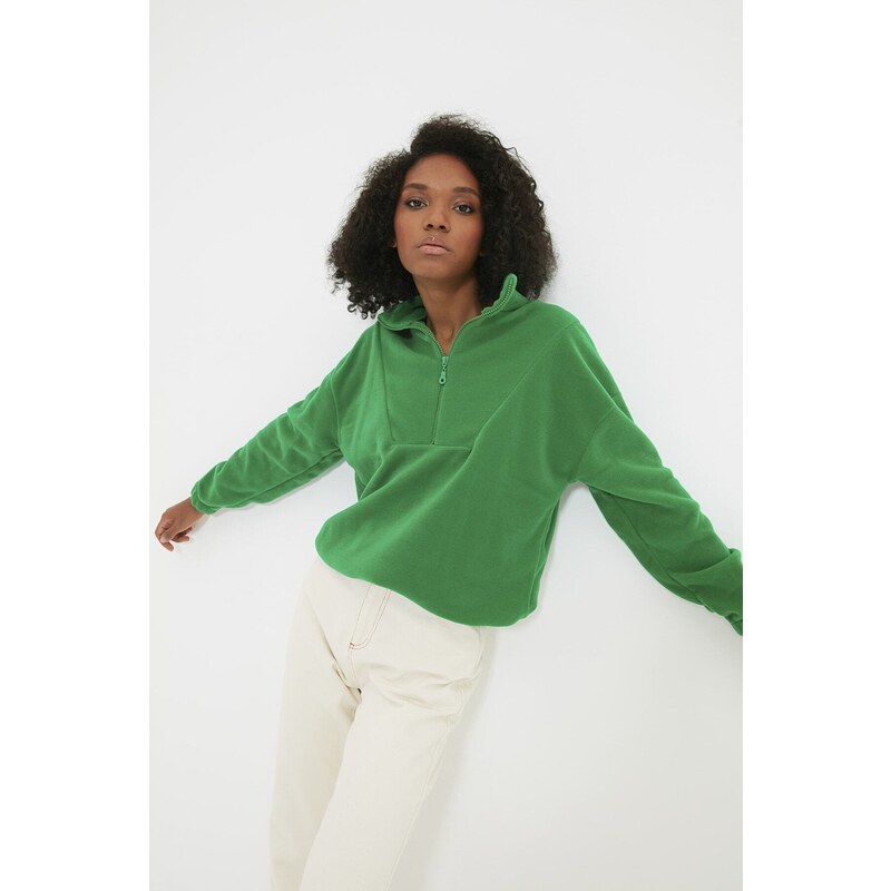 Trendyol Emerald Zipper Detailed Fleece Knitted Sweatshirt