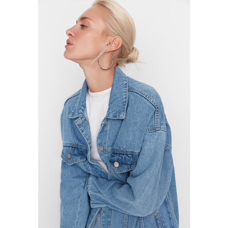 Trendyol Blue Oversize Trucker Denim Jacket