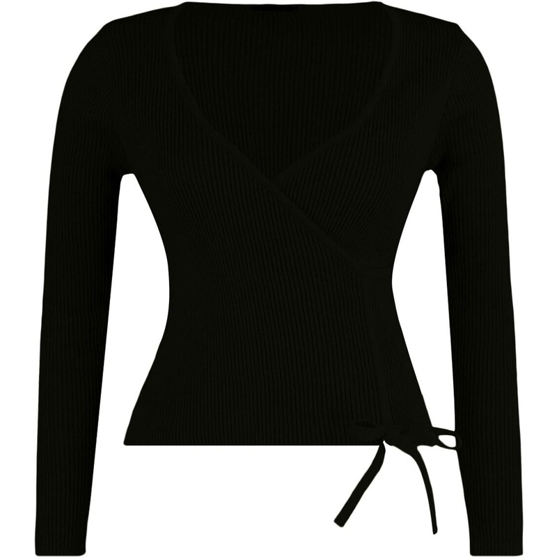 Trendyol Curve černý pletený svetr s výstřihem do V s detailem shromáždit