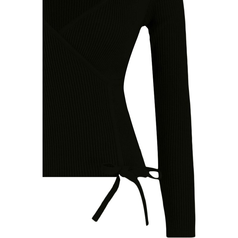 Trendyol Curve černý pletený svetr s výstřihem do V s detailem shromáždit