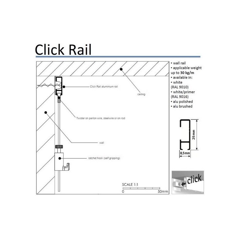 Artiteq ClickRail_hlinik_rez | Click-Rail stříbrný s řezem 1m