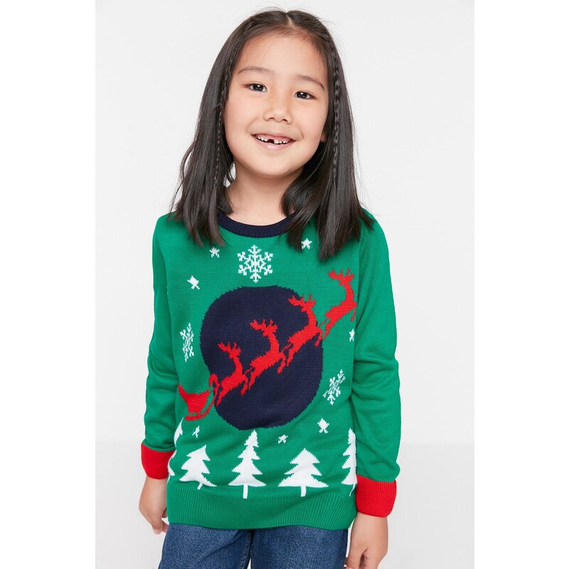 Trendyol Green Jacquard Unisex Kids Knitwear Sweater