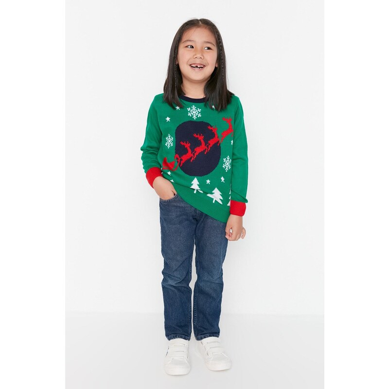 Trendyol Green Jacquard Unisex Kids Knitwear Sweater