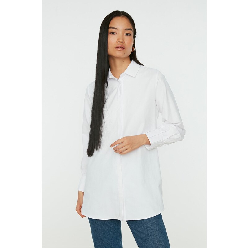 Trendyol White Woven Cotton Shirt with Hidden Pocket