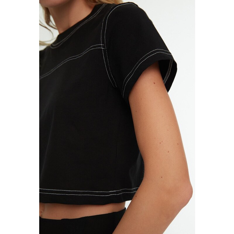 Trendyol Black Crop Crew Neck Knitted Sports T-Shirt