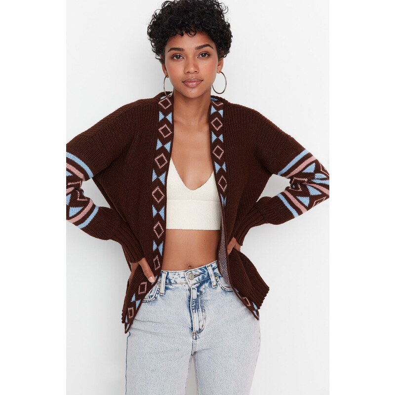 Trendyol Brown Patterned Oversized Knitwear Cardigan