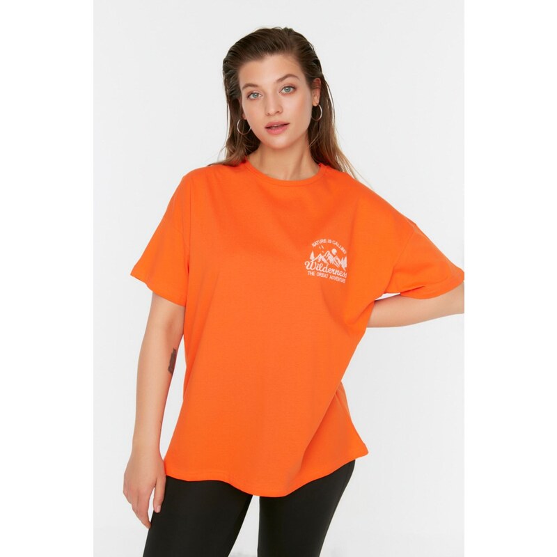 Trendyol Curve Orange Printed Knitted T-Shirt