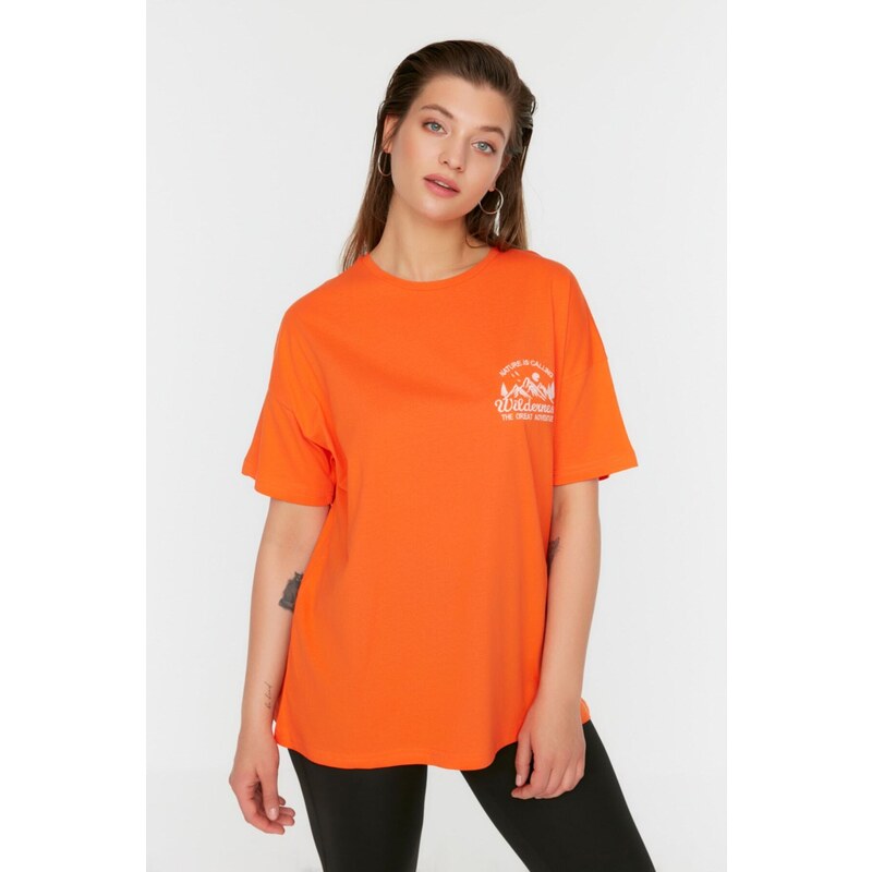 Trendyol Curve Orange Printed Knitted T-Shirt