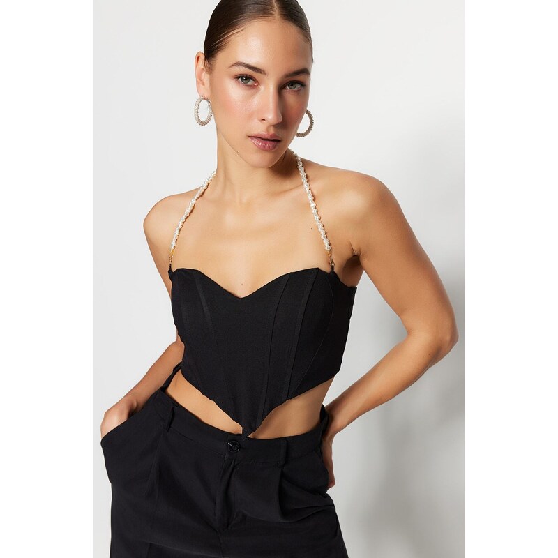 Trendyol Black Crop Woven Accessorized Bustier