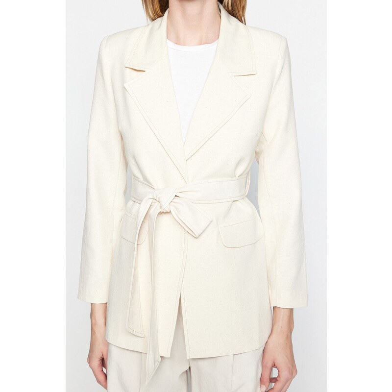 Trendyol Cream Tie Waist Belted Woven Lined Jacket