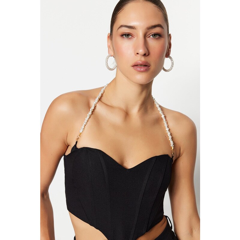 Trendyol Black Crop Woven Accessorized Bustier