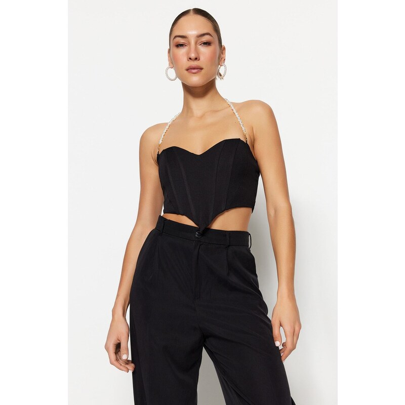 Trendyol Black Crop Woven Accessorized Bustier