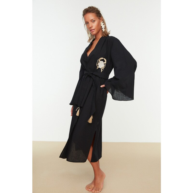 Trendyol Black Belted Midi Woven Embroidered 100% Cotton Kimono & Kaftan