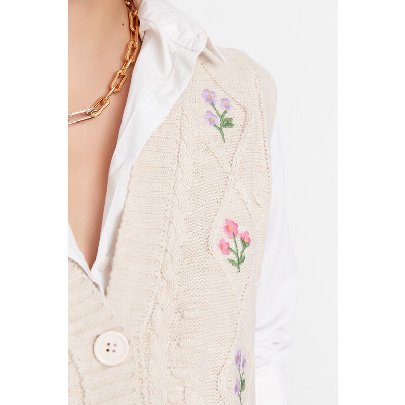 Trendyol Stone V Neck Embroidery Detailní pletený svetr