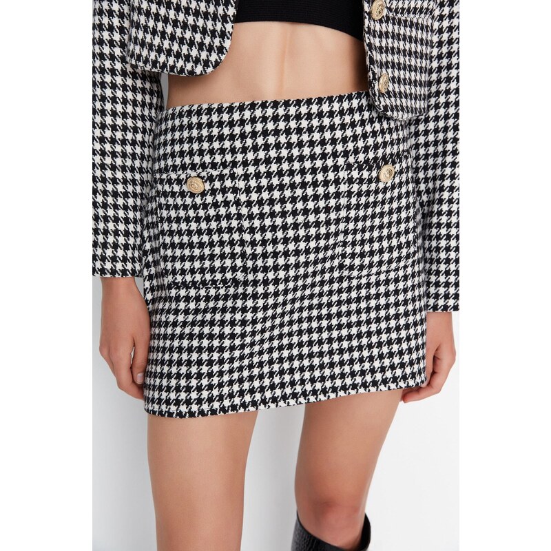 Trendyol Black Button Detailed Houndstooth Patterned Mini Woven Skirt