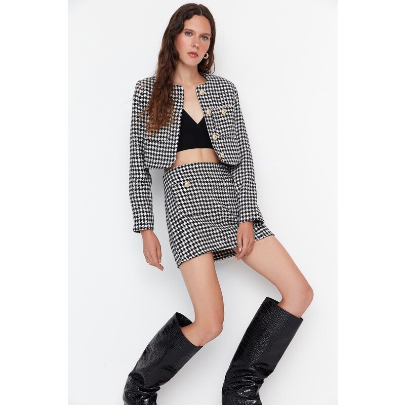 Trendyol Black Button Detailed Houndstooth Patterned Mini Woven Skirt